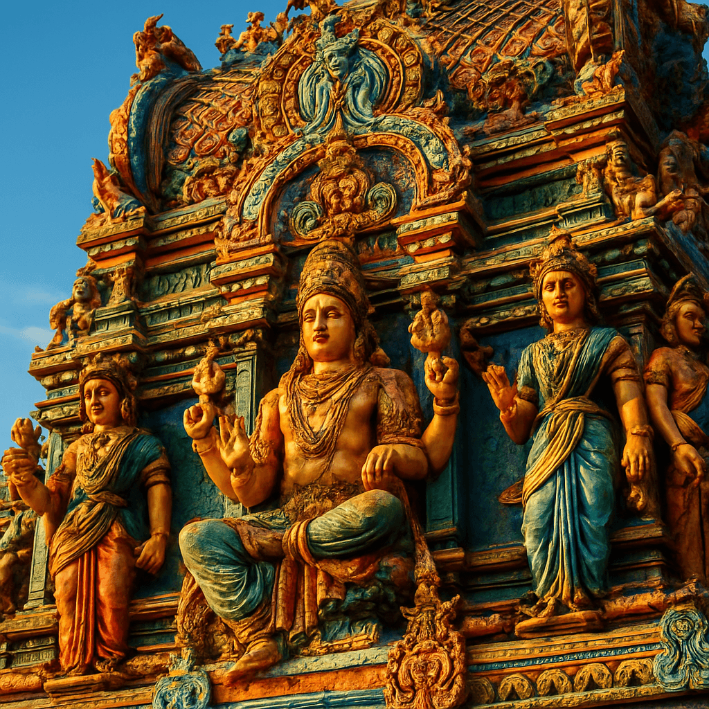 Ornate gopuram carvings of the Tiruchendur Murugan Temple
